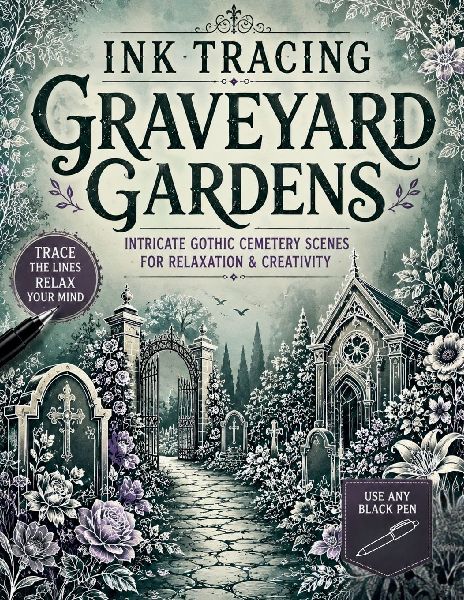 Ink Tracing Graveyard Gardens: Trace the White Lines to Reveal Intricate Gothic Cemetery Scenes, Floral Graveyards & Atmospheric Garden Landscapes for Relaxation and Creativity