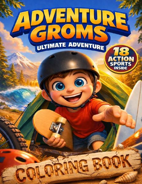 Adventure Groms: 18 Action Sports Coloring Book for Kids and Adults | Mountain Biking, Surfing, Skateboarding, BMX, Motocross, Snowboarding, Rock Climbing, Camping & More | Bold Easy-to-Color Pages