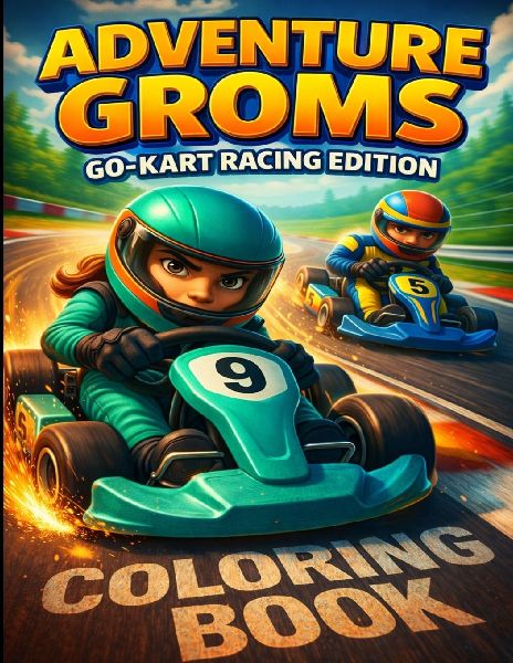 Go Kart Racing Coloring Book: Go kart racing scenes inspired by real track action for kids, teens, and adults. Bold, fun pages featuring speed, competition, and outdoor racing. Adventure Groms.