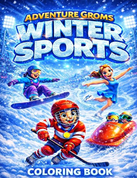 Adventure Groms: Winter Sports Coloring Book Featuring Skiing, Snowboarding, Ice Hockey, Figure Skating, Bobsled, Curling, Ski Jumping, Ice Climbing, and Olympic Style Snow Sports for Kids, Teens, and Adults