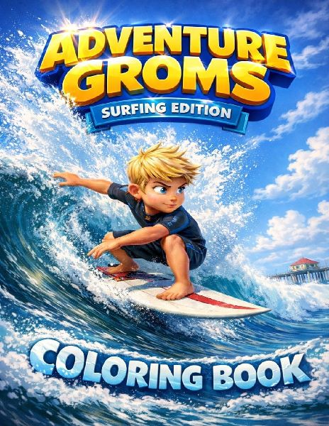 Adventure Groms: Surfing and Beach Coloring Book with Ocean Waves, Surfboards, Dolphins, Whales, and Sunset Scenes, A Summer Activity Book for Kids and All Ages