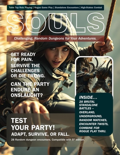 Souls. Challenging, Random Dungeons for Your Adventures. Table Top Role Playing, Rogue Game Play, Standalone Encounters, High Stakes Combat.