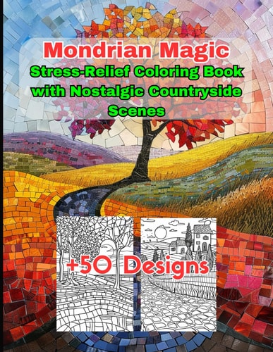 Mondrian Magic Stress-Relief Coloring Book with Nostalgic Countryside Scenes