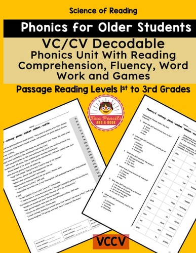 VC/CV Decodable Phonics Unit With Reading Comprehension, Fluency, Word Work and Games Literacy for Older Students and Adults