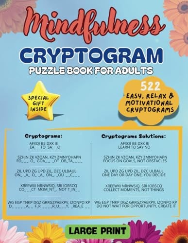 Mindfulness Cryptogram Puzzle Book for Adults 522 Easy, Relaxing and Motivational Cryptograms Large Print
