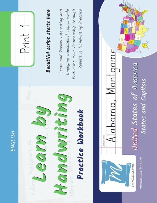 Handwriting Practice Workbook - United States of America, States and Capitals - Print, Level 1: Learn by Handwriting - Children and Adults - USSP1LE