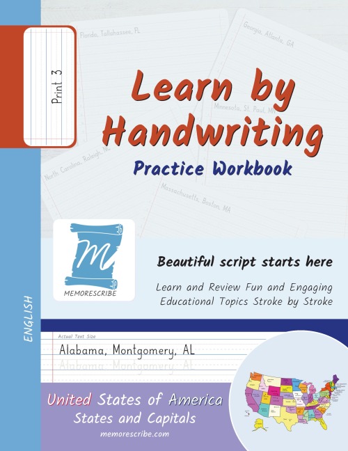 Handwriting Practice Workbook - United States of America, States and Capitals - Print, Level 3: Learn by Handwriting - Children and Adults - USSP3PE
