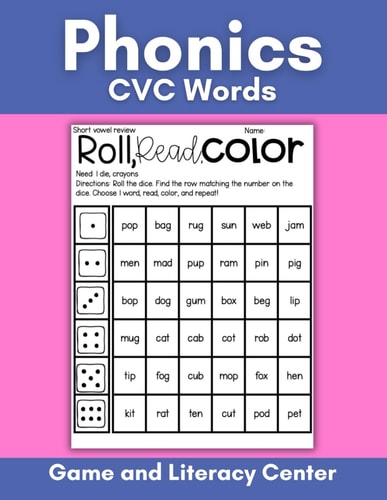 Short Vowel CVC Words Phonics Game and Literacy Center: Phonics Roll and Read Game for Kids