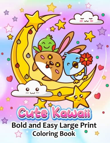Cute Kawaii Coloring Book Bold and Easy Doodle Large Print for Boy, Girls