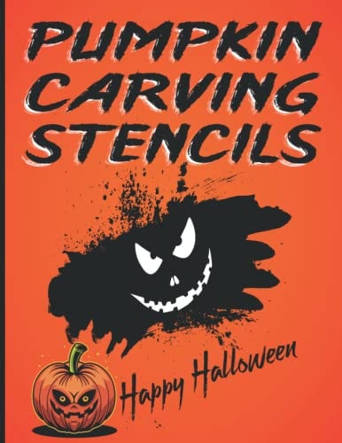 Pumpkin Carving Stencils Halloween Designs Gift Book For Creative Family Adults and Kids Made Easy, Cute Extra Large Patterns Decorations Templates Paper Set, Group of 50 Unique Scary Faces and Funny Pictures, Images and Letters, Witch, Cat, Skull, Bat