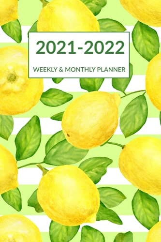 2021 2022 Weekly & Monthly Planner Striped Green Leaves Lemon Cover, Pocket-sized Academic Planner Mid-Year July 2021 to June 2022, Calendar Organizer Agenda