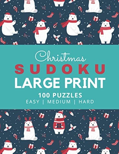 Christmas Sudoku Large Print Polar Bear Theme / 100 Puzzles / Easy Medium and Hard Skill Level / 9x9 Grid / with Solutions in Book / 1 Puzzle Per Page / Christmas Gift for Kids Teen Adults Who Love Challenging Sudoku Puzzle Book and Math Lovers