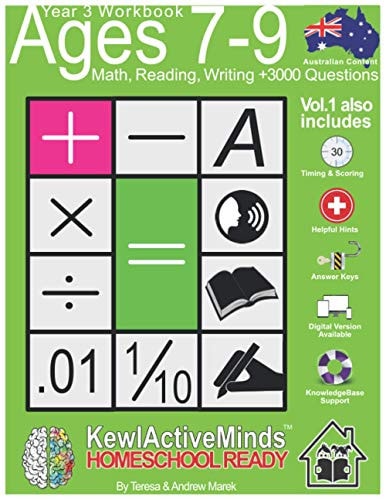 Year 3 Workbook, Ages 7-9 Math, Reading, Writing - Vol1, +3000 Questions Australian Content, Answer Keys, Timing and Scoring, Helpful Hints and KnowledgeBase Support