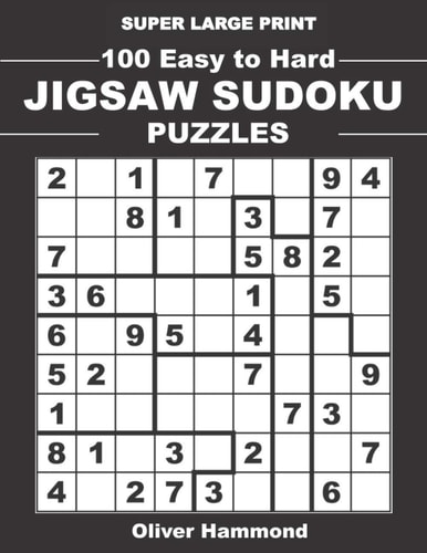SUPER LARGE PRINT 100 EASY TO HARD JIGSAW SUDOKU PUZZLES One Gigantic Irregular Sudoku Puzzle... Per Page - Games for Elderly & Sight Impaired