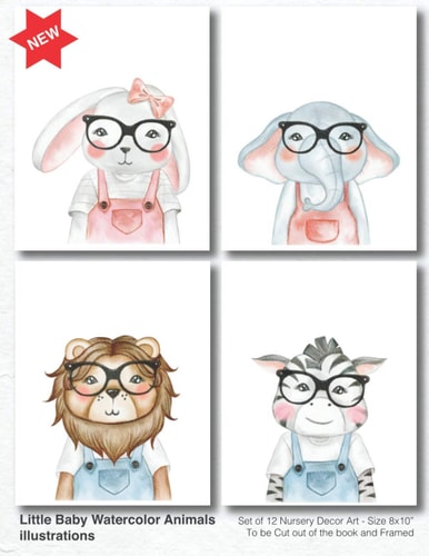 Little Baby Watercolor Animal Illustrations - Set of 12 Nursery Decor Art (8x10) To be Cut Out of the Book and Framed