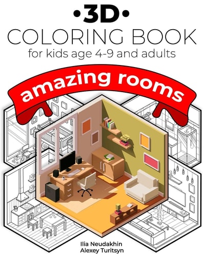 3D Coloring Book for Kids Age 4-9 and Adults. Amazing Rooms.