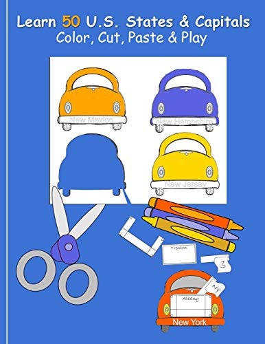 Learn 50 U. S. States and Capitals Color, Cut, Paste and Play United States Abbreviations Cities Fun Activity for All Girls Boys All Students Coloring Cutting Worksheets Simple Game Large 8. 5 X 11