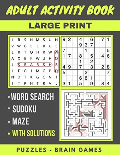 Adult Activity Book Sudoku Easy To Hard, Word Search And Maze With Solutions, Brain Games, Puzzles Activity Book, Gift