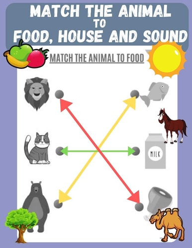 Match the Animal to Food, House and Sound Activity Book for Kids, Pre K to Kindergarten, Ages 3 - 6, Matching and Identifying, Children's Fun Workbook, Lion, Horse, Dolphin and More