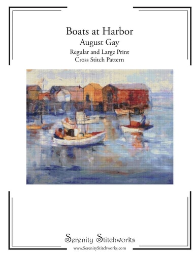 Boats at Harbor Cross Stitch Pattern - August Gay Regular and Large Print Cross Stitch Pattern