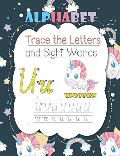 Trace Letters Of The Alphabet and Sight Words Learn To Write Letter Tracing With A Fun Workbook For Children.Alphabet, Words, Animals, Dot and Coloring. Handwriting Practice Paper.