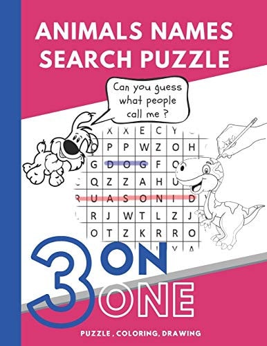 Animals Names Search Puzzle 3 on 1 Coloring, Drawing and Puzzle, Activity Book for Kids, 42 Pages 8. 5 * 11