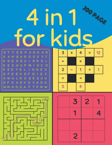 4 in 1 for Kids (200 Page) Kids Wordsearch Books Age 7-8 Yrs, Smart Games Iq , Wordsearch Junior, Easy Sudoku Puzzle Books for Kids, Teach Kids Math, Math Practice for Kids