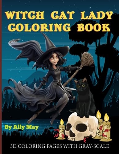 Witch Cat Lady Coloring Book 3D Coloring Pages of Witches, Cats and Pumkins