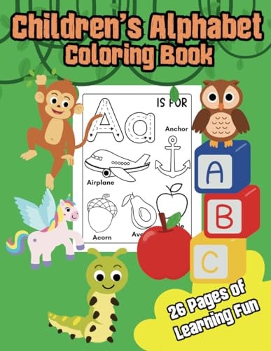 Children's Alphabet Coloring Book 26 Pages of Learning Fun, Animals, Tracing