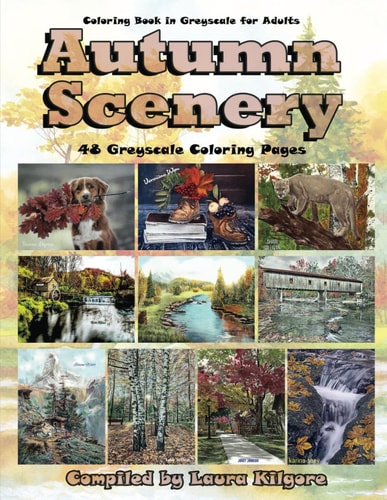 Autumn Scenery 48-Page Coloring Book in Greyscale for Adults. The Theme for this Book is Beautiful Scenery of Autumn. If You Like to Color Landscapes, Animals and the Colors of Autumn Then this is Your Book to Color From.