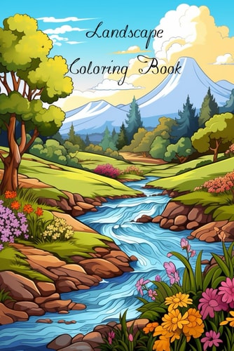 Lanscape Coloring Book for Adults with Fields, Mountains, Ocean, Flowers, Forests and Cozy Houses