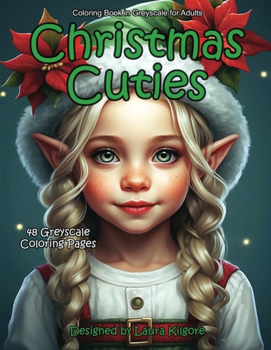 Christmas Cuties 48-Page Coloring Book in Greyscale for Adults. The Theme for this Book is about Christmas. These are Beautiful Images of Christmas Elves, Reindeer Girls, Angels, Gnomes and So Much More Cuteness. These are Fun Pictures to Color.