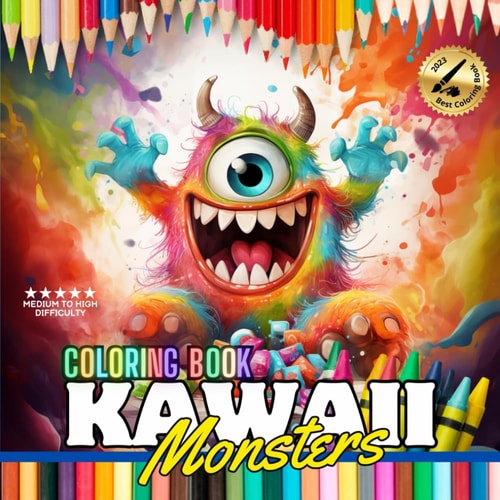 Coloring Book Kawaii Monsters Illustrations, Relax While Coloring, Ages 12 and Up, Medium to High Level, Watercolor, Crayons
