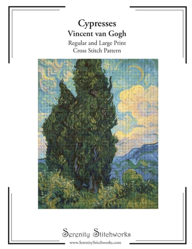 Cypresses Cross Stitch Pattern - Vincent Van Gogh Regular and Large Print Cross Stitch Chart