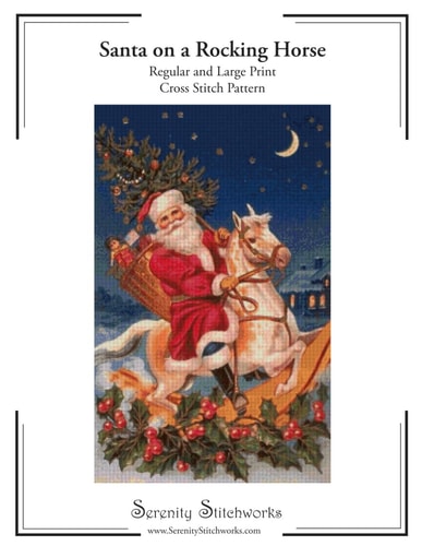 Santa on a Rocking Horse Cross Stitch Pattern Regular and Large Print Cross Stitch Chart