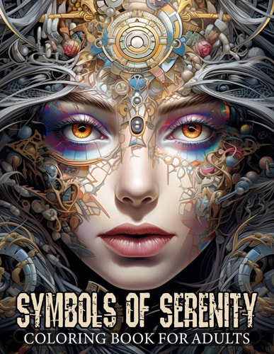 Symbols of Serenity Coloring Book for Adults Featuring Depictions of Women's Faces, Adorned by Various Artifacts, Mandalas, Flowers, Patterns, and Ancient Symbols.