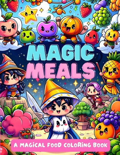 MAGIC MEALS, A Magical Food Coloring Book Color 55+ Cute Cartoon Fruit Heroes and Food Adventurers, as You Learn 9 Languages with Your Kids