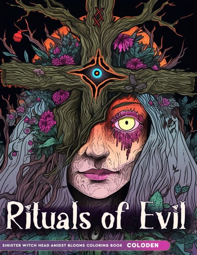 Rituals of Evil Adult Coloring Book Sinister Witch Head Amidst Blooms Features 60 Creepy Coloring Pages.