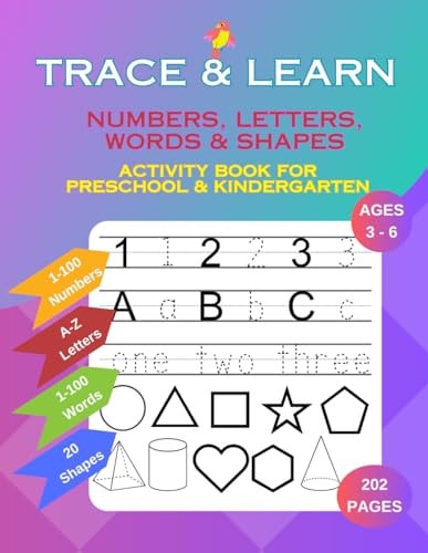 Trace & Learn Numbers, Letters, Words and Shapes Tracing Activity Book for Preschool and Kindergarten Ages 3-6