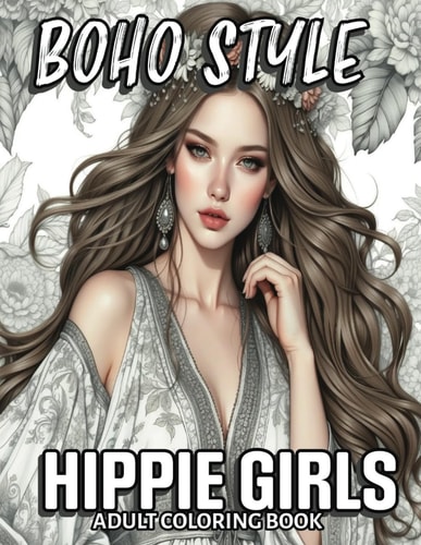 Boho Style Hippie Girls - Fashion Coloring Book for Adults 52 Exclusive Grayscale Designs for Stress Relief and Creative Expression, Featuring Elegant Models in Bohemian Chic Attire with Flowers.