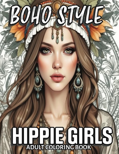 Boho Style Hippie Girls - Fashion Coloring Book for Adults 52 Exclusive Grayscale Designs, Featuring Elegant Models in Bohemian Chic Attire with Flowers, Perfect for Stress Relief and Creative Expression.