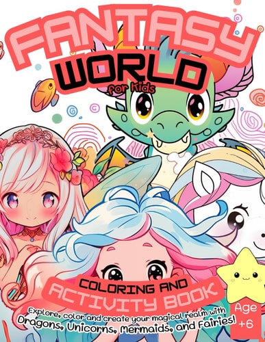 Fantasy World for Kids, Coloring and Activity Book, 58 Full Pages Drawing, Age +6 Explore, Color, and Create Your Magical Realm with Dragons, Unicorns, Mermaids and Fairies!