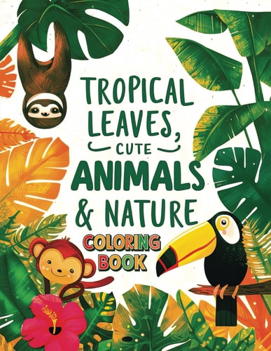 Tropical Leaves, Cute Animals & Nature Coloring Book 50 Large Print of Mindfulness & Anxiety Relief Easy Designs Featuring Tropical Leaves, Cute Animals, Nature and More