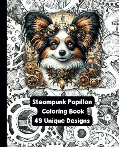 Steampunk Papillon Dog - Adult Coloring Book - 49 Unique Designs