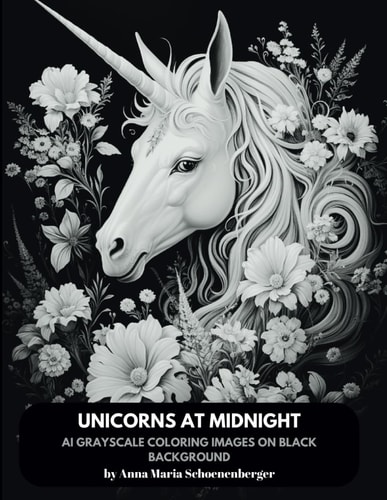 UNICORNS AT MIDNIGHT - AI Grayscale Coloring Book with Black Background Ornate Horses with Flower Wreaths