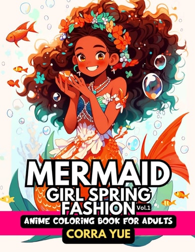 Mermaid Girl Spring Fashion - Anime Coloring Book For Adults Vol.1 Glamorous Nappy Hairstyles & Cute Charming Faces, Beautiful Mythical Marine Life & Black Melanin Sirens in Seasonal Outfits For Stylists, Students, Teens & Cartoon Style Drawing Lovers