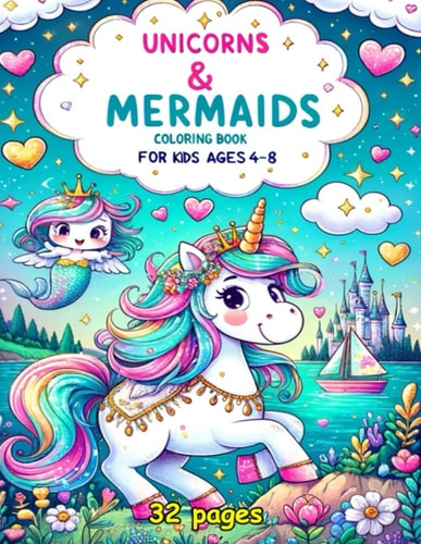 Unicorns & Mermaids Coloring Book For Kids Ages 4-8