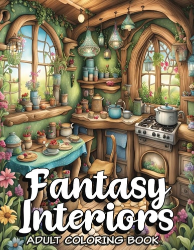 Fantasy Interiors Coloring Book Relax with 52 Hyper-realistic Illustrations in the Magic Whimsical Fantasy Grayscale Coloring Book for Adults.