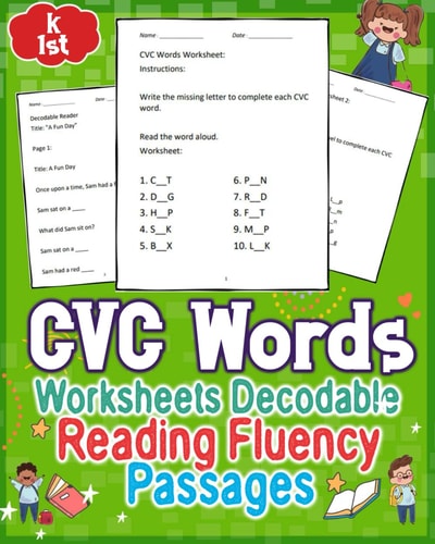 CVC Words Worksheets Decodable Reading Fluency Passages for GRAD K to 1st Enhance GRAD K to 1st Reading Skills with Engaging CVC Words Worksheets and Decodable Passages for Improved Fluency. Unlock the Joy of Learning!