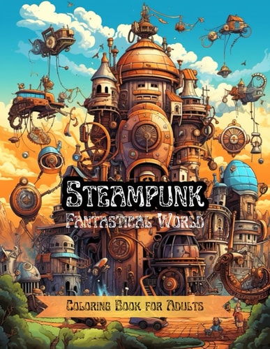Steampunk Fantastical World Coloring Book for Adults Steam-Powered Machinery. Wonderful City from the 19th Century